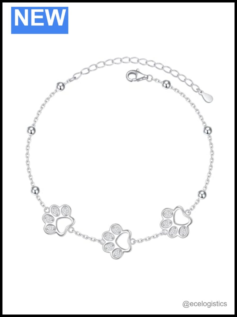 925 Sterling Silver Paw Print Charm Bracelet Adjustable 7+2 Inch Pet Memorial